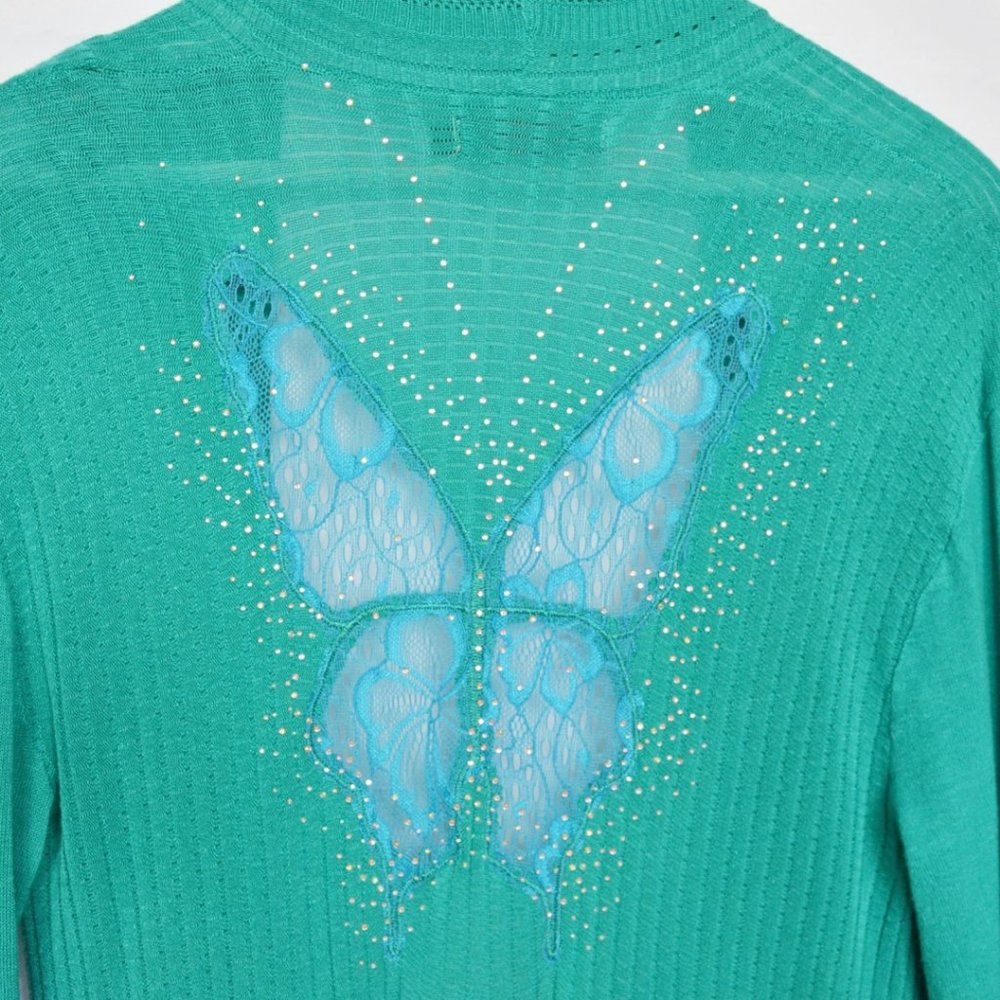 Y2K Rhinestone Butterfly Lace Turquoise Ribbed Cardigan - Picture 3 of 5